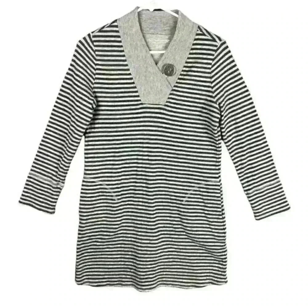 SOFT Surroundings Heather Gray Stripe Sweatshirt Dress With Pockets Petite Small